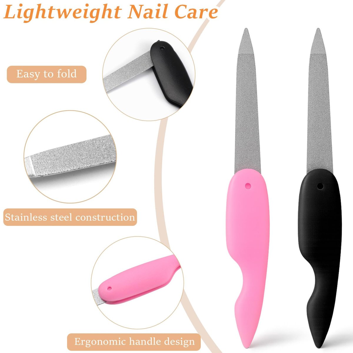4-Pack Folding Metal Nail Files – Stainless Steel Double-Sided Cuticle & Nail Care Tools for Men and Women (2 Pink + 2 Black) - görsel 7