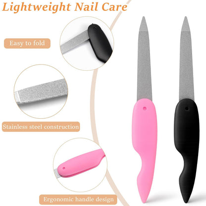 4-Pack Folding Metal Nail Files – Stainless Steel Double-Sided Cuticle & Nail Care Tools for Men and Women (2 Pink + 2 Black)
