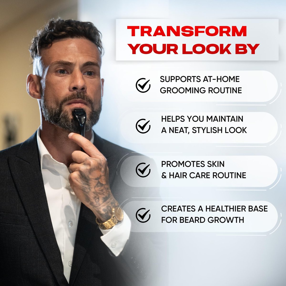 Rhys Man Derma Roller 0.25mm with Storage Case – Titanium Dermaroller for Beard, Face & Scalp Care, 540 Needles Skin Care Tool for Men & Women, Compact Grooming Kit Avelisse