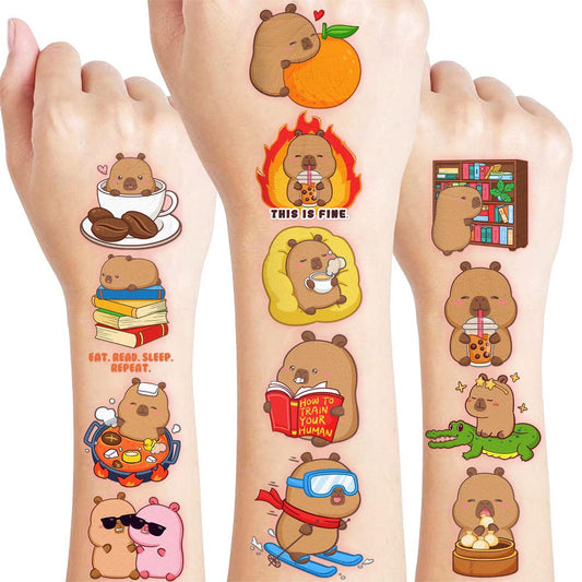 96 PCS Funny Capybara Pre-Cut Temporary Tattoos for Kids - Cute Animal Fake Tattoo Stickers for Birthday Party Favors, School Rewards & Gifts