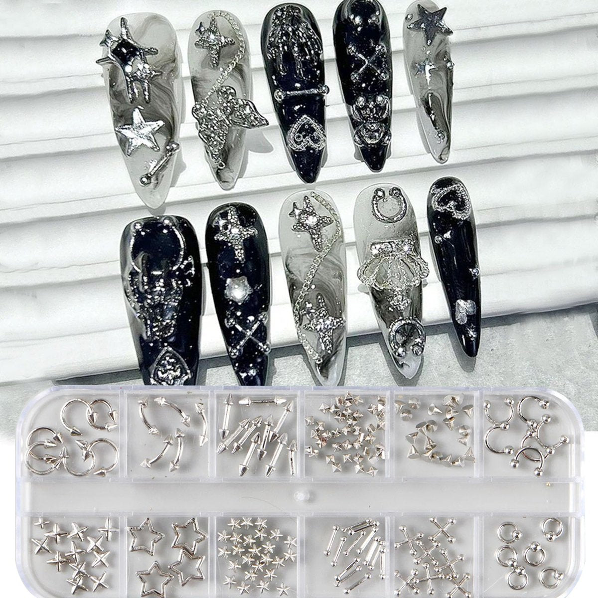 3D Metal Punk Bullet Nail Art Rivet Set - Silver & Black Nail Charms, Gothic Stars, Spikes, Studs, Steel Balls, Flat Back Y2K Nail Decor - görsel 11