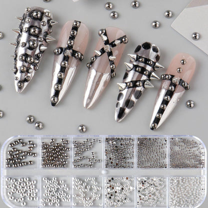 3D Metal Punk Bullet Nail Art Rivet Set - Silver & Black Nail Charms, Gothic Stars, Spikes, Studs, Steel Balls, Flat Back Y2K Nail Decor