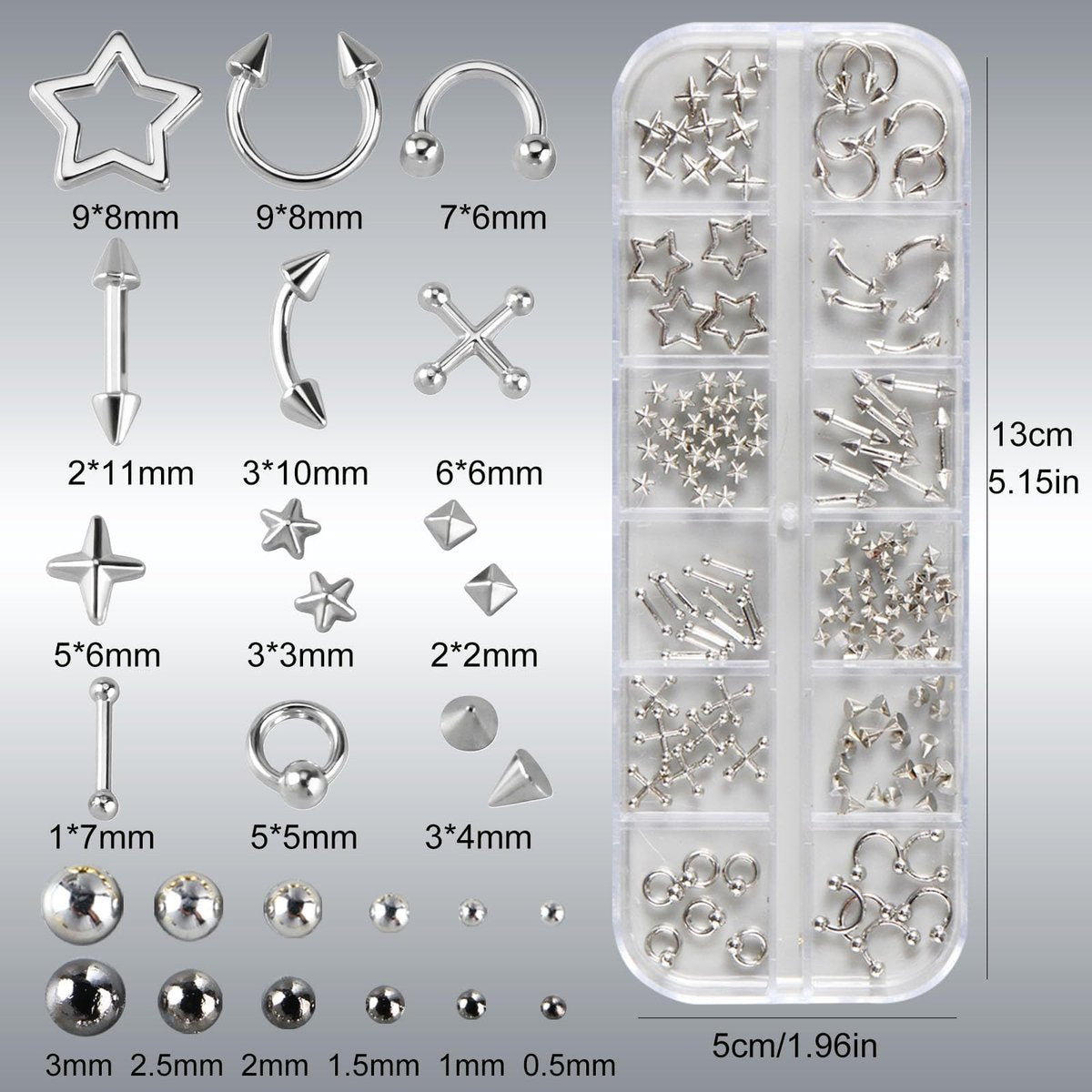 3D Metal Punk Bullet Nail Art Rivet Set - Silver & Black Nail Charms, Gothic Stars, Spikes, Studs, Steel Balls, Flat Back Y2K Nail Decor - görsel 3
