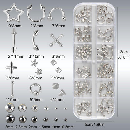 3D Metal Punk Bullet Nail Art Rivet Set - Silver & Black Nail Charms, Gothic Stars, Spikes, Studs, Steel Balls, Flat Back Y2K Nail Decor
