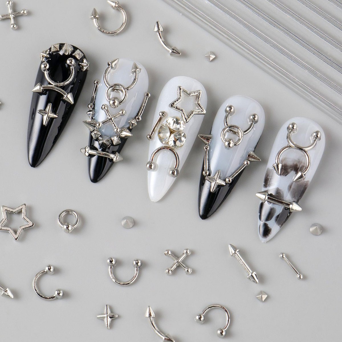 3D Metal Punk Bullet Nail Art Rivet Set - Silver & Black Nail Charms, Gothic Stars, Spikes, Studs, Steel Balls, Flat Back Y2K Nail Decor - görsel 5