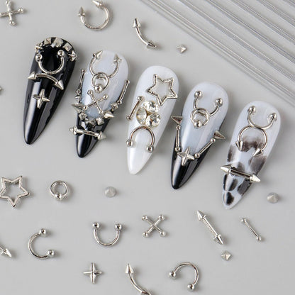 3D Metal Punk Bullet Nail Art Rivet Set - Silver & Black Nail Charms, Gothic Stars, Spikes, Studs, Steel Balls, Flat Back Y2K Nail Decor