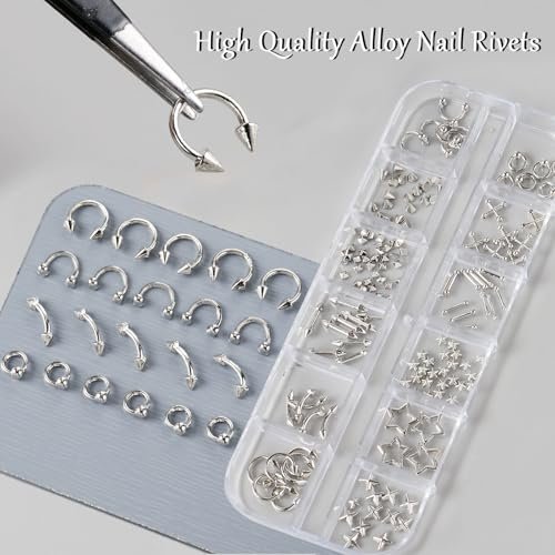 3D Metal Punk Bullet Nail Art Rivet Set - Silver & Black Nail Charms, Gothic Stars, Spikes, Studs, Steel Balls, Flat Back Y2K Nail Decor - görsel 8