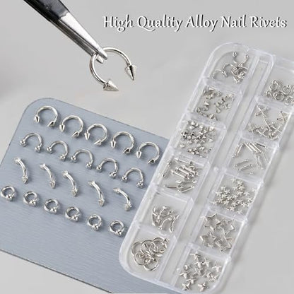 3D Metal Punk Bullet Nail Art Rivet Set - Silver & Black Nail Charms, Gothic Stars, Spikes, Studs, Steel Balls, Flat Back Y2K Nail Decor