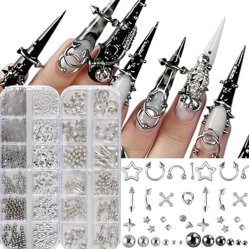 3D Metal Punk Bullet Nail Art Rivet Set - Silver & Black Nail Charms, Gothic Stars, Spikes, Studs, Steel Balls, Flat Back Y2K Nail Decor - görsel 2