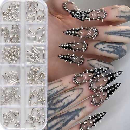 3D Metal Punk Bullet Nail Art Rivet Set - Silver & Black Nail Charms, Gothic Stars, Spikes, Studs, Steel Balls, Flat Back Y2K Nail Decor - görsel 10