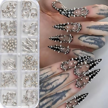 3D Metal Punk Bullet Nail Art Rivet Set - Silver & Black Nail Charms, Gothic Stars, Spikes, Studs, Steel Balls, Flat Back Y2K Nail Decor