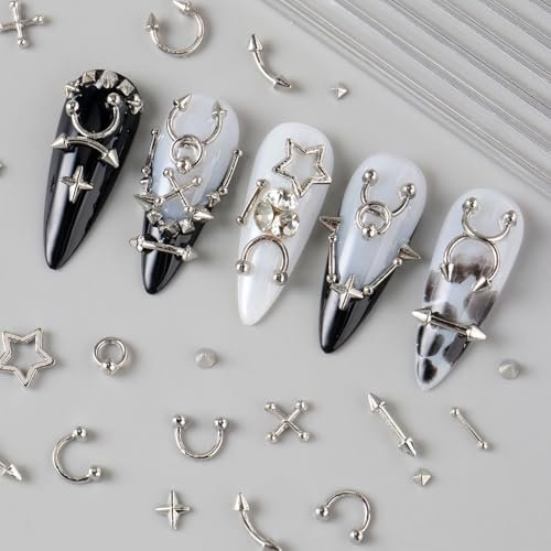 3D Metal Punk Bullet Nail Art Rivet Set - Silver & Black Nail Charms, Gothic Stars, Spikes, Studs, Steel Balls, Flat Back Y2K Nail Decor - görsel 6