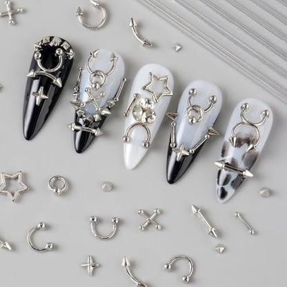 3D Metal Punk Bullet Nail Art Rivet Set - Silver & Black Nail Charms, Gothic Stars, Spikes, Studs, Steel Balls, Flat Back Y2K Nail Decor