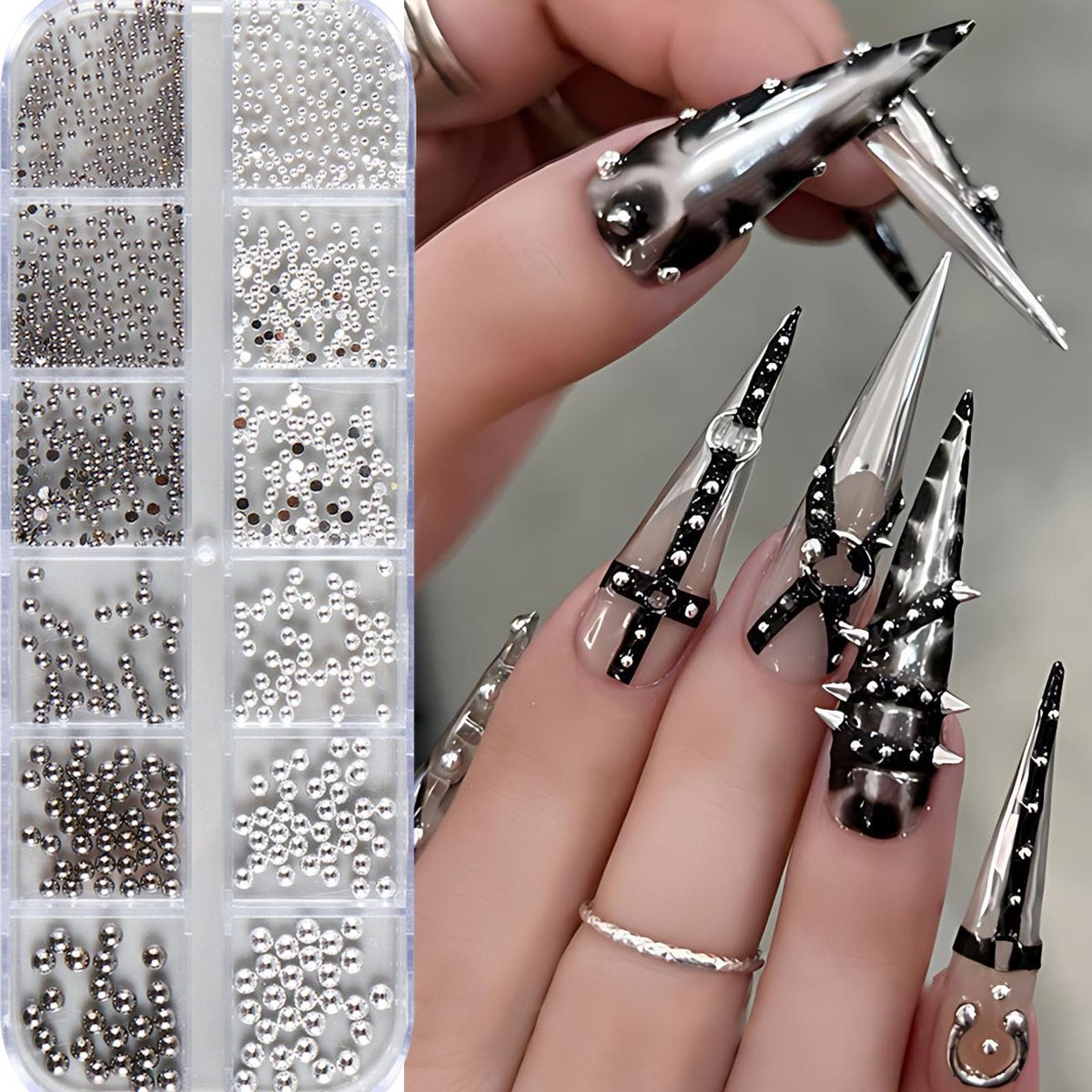 3D Metal Punk Bullet Nail Art Rivet Set - Silver & Black Nail Charms, Gothic Stars, Spikes, Studs, Steel Balls, Flat Back Y2K Nail Decor - görsel 13