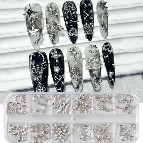 3D Metal Punk Bullet Nail Art Rivet Set - Silver & Black Nail Charms, Gothic Stars, Spikes, Studs, Steel Balls, Flat Back Y2K Nail Decor - görsel 12
