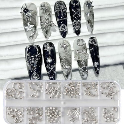 3D Metal Punk Bullet Nail Art Rivet Set - Silver & Black Nail Charms, Gothic Stars, Spikes, Studs, Steel Balls, Flat Back Y2K Nail Decor