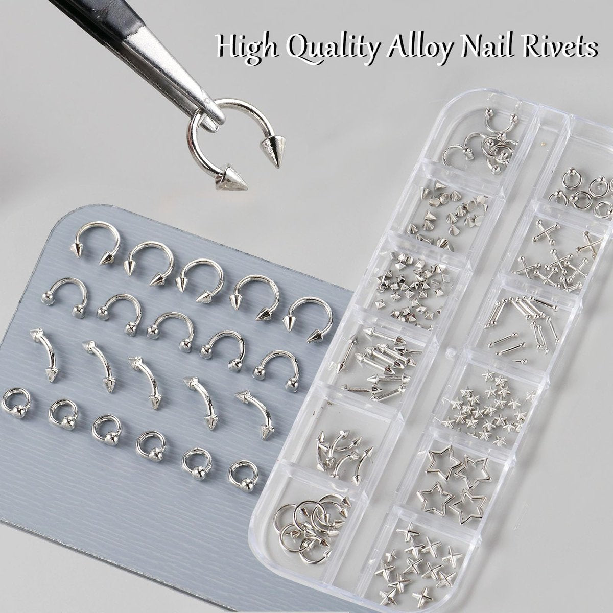 3D Metal Punk Bullet Nail Art Rivet Set - Silver & Black Nail Charms, Gothic Stars, Spikes, Studs, Steel Balls, Flat Back Y2K Nail Decor - görsel 7