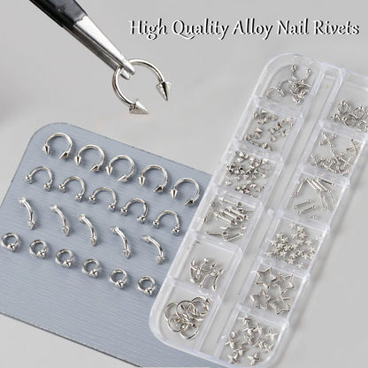 3D Metal Punk Bullet Nail Art Rivet Set - Silver & Black Nail Charms, Gothic Stars, Spikes, Studs, Steel Balls, Flat Back Y2K Nail Decor