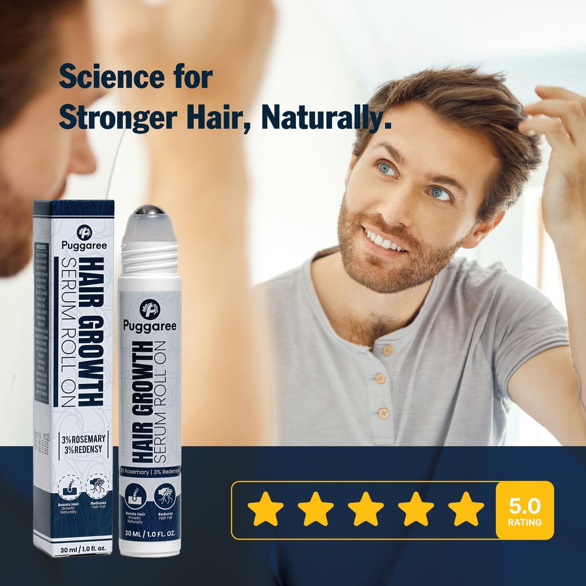 Puggaree Redensyl Hair Growth Serum Roll On – 3% Rosemary & 3% Redensyl DHT-Blocking Scalp Serum for Thicker, Fuller Hair – For Women & Men (30 ml) Avelisse