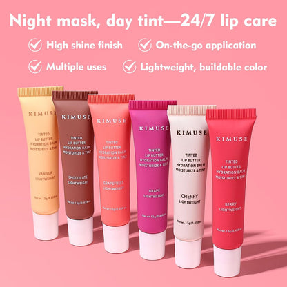 KIMUSE 6 Pcs Tinted Lip Butter Hydration Balm Set - Flavored Shades with Hyaluronic Acid & Vitamin E, Sheer Tint, Non-Sticky Vegan Lip Care for Dry Lips & Daily Use Avelisse