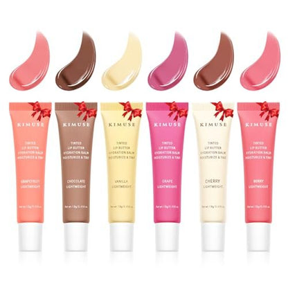 KIMUSE 6 Pcs Tinted Lip Butter Hydration Balm Set - Flavored Shades with Hyaluronic Acid & Vitamin E, Sheer Tint, Non-Sticky Vegan Lip Care for Dry Lips & Daily Use Avelisse