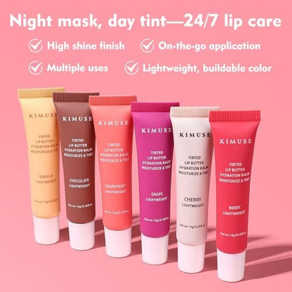 KIMUSE 6 Pcs Tinted Lip Butter Hydration Balm Set - Flavored Shades with Hyaluronic Acid & Vitamin E, Sheer Tint, Non-Sticky Vegan Lip Care for Dry Lips & Daily Use Avelisse