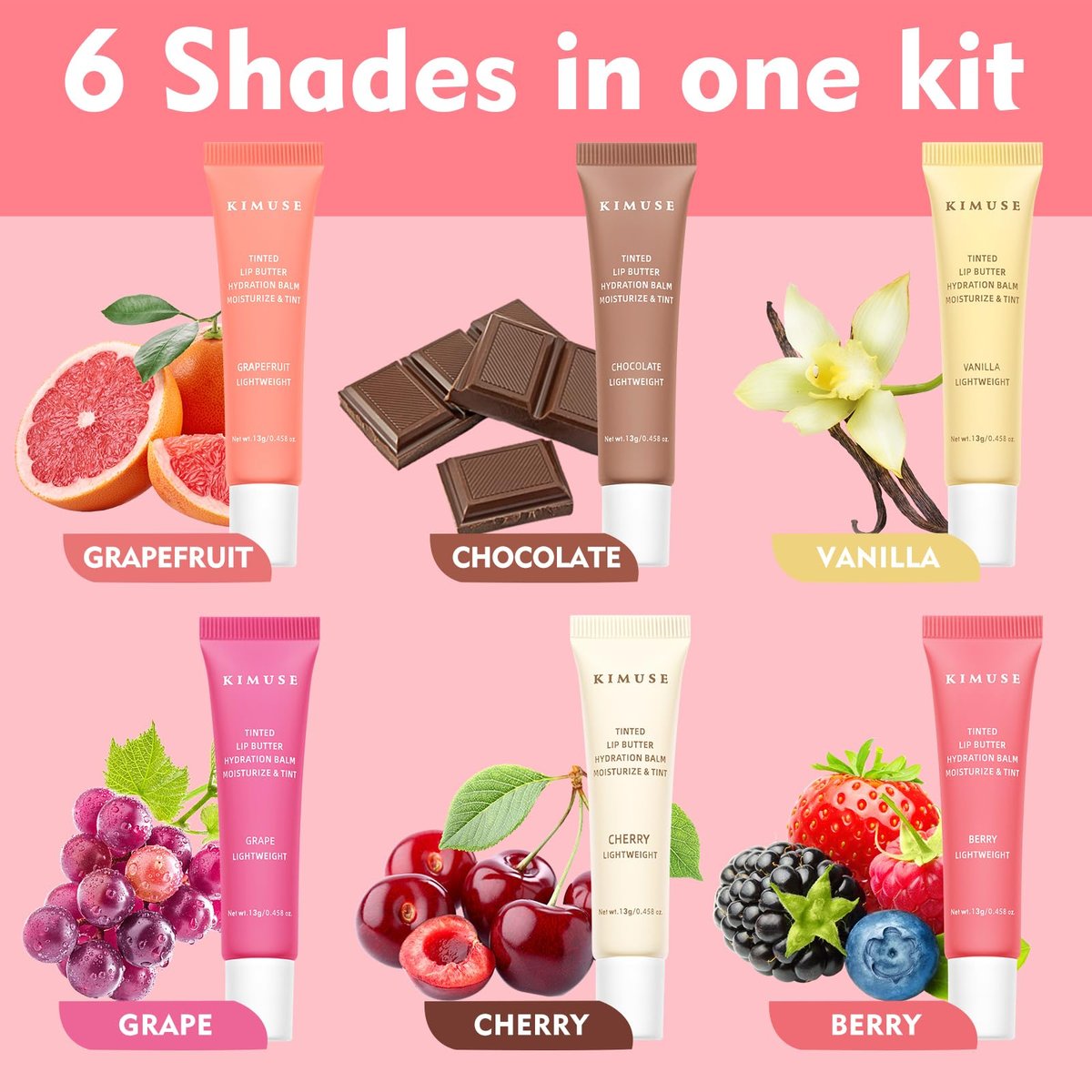 KIMUSE 6 Pcs Tinted Lip Butter Hydration Balm Set - Flavored Shades with Hyaluronic Acid & Vitamin E, Sheer Tint, Non-Sticky Vegan Lip Care for Dry Lips & Daily Use Avelisse