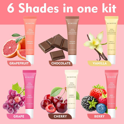 KIMUSE 6 Pcs Tinted Lip Butter Hydration Balm Set - Flavored Shades with Hyaluronic Acid & Vitamin E, Sheer Tint, Non-Sticky Vegan Lip Care for Dry Lips & Daily Use Avelisse