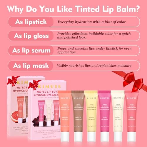 KIMUSE 6 Pcs Tinted Lip Butter Hydration Balm Set - Flavored Shades with Hyaluronic Acid & Vitamin E, Sheer Tint, Non-Sticky Vegan Lip Care for Dry Lips & Daily Use Avelisse