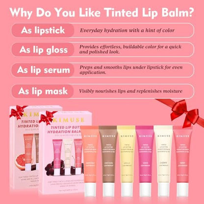 KIMUSE 6 Pcs Tinted Lip Butter Hydration Balm Set - Flavored Shades with Hyaluronic Acid & Vitamin E, Sheer Tint, Non-Sticky Vegan Lip Care for Dry Lips & Daily Use Avelisse