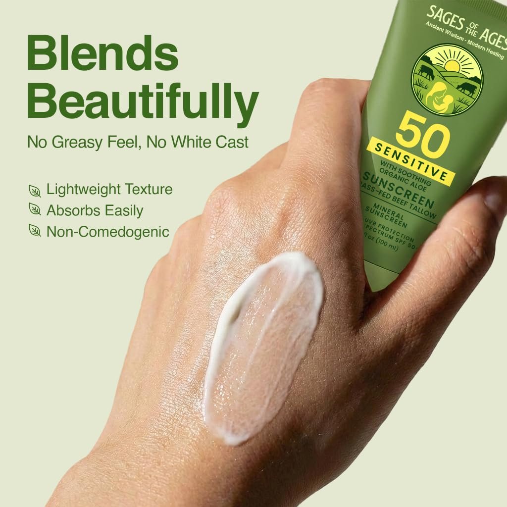 Organic Grass-Fed Tallow Mineral Sunscreen SPF 50 — No White Cast, Non-Nano Zinc Oxide, Reef Safe UVA/UVB, Water Resistant 80 Min, Moisturizing & Soothing with Aloe Vera, Face & Body, 3.4 oz - görsel 3