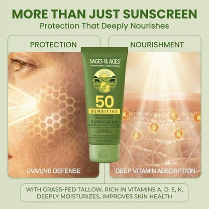 Organic Grass-Fed Tallow Mineral Sunscreen SPF 50 — No White Cast, Non-Nano Zinc Oxide, Reef Safe UVA/UVB, Water Resistant 80 Min, Moisturizing & Soothing with Aloe Vera, Face & Body, 3.4 oz