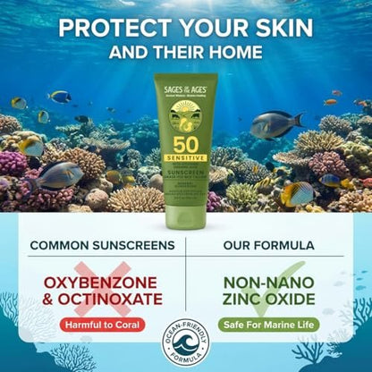 Organic Grass-Fed Tallow Mineral Sunscreen SPF 50 — No White Cast, Non-Nano Zinc Oxide, Reef Safe UVA/UVB, Water Resistant 80 Min, Moisturizing & Soothing with Aloe Vera, Face & Body, 3.4 oz