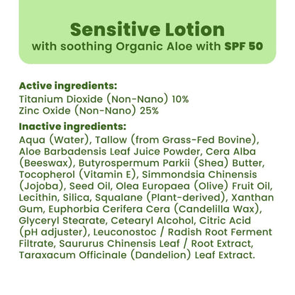 Organic Grass-Fed Tallow Mineral Sunscreen SPF 50 — No White Cast, Non-Nano Zinc Oxide, Reef Safe UVA/UVB, Water Resistant 80 Min, Moisturizing & Soothing with Aloe Vera, Face & Body, 3.4 oz