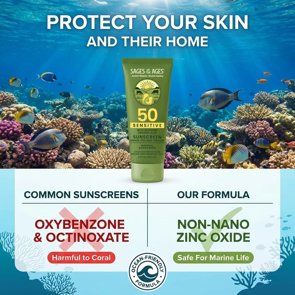 Organic Grass-Fed Tallow Mineral Sunscreen SPF 50 — No White Cast, Non-Nano Zinc Oxide, Reef Safe UVA/UVB, Water Resistant 80 Min, Moisturizing & Soothing with Aloe Vera, Face & Body, 3.4 oz - görsel 9