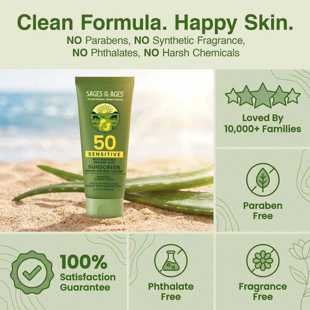 Organic Grass-Fed Tallow Mineral Sunscreen SPF 50 — No White Cast, Non-Nano Zinc Oxide, Reef Safe UVA/UVB, Water Resistant 80 Min, Moisturizing & Soothing with Aloe Vera, Face & Body, 3.4 oz - görsel 13