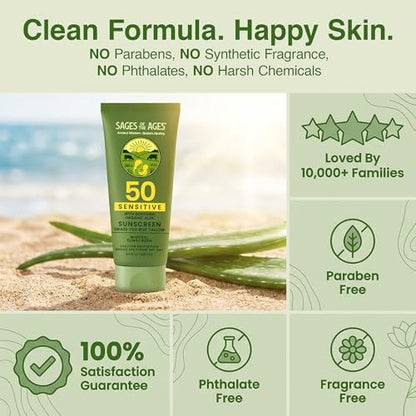Organic Grass-Fed Tallow Mineral Sunscreen SPF 50 — No White Cast, Non-Nano Zinc Oxide, Reef Safe UVA/UVB, Water Resistant 80 Min, Moisturizing & Soothing with Aloe Vera, Face & Body, 3.4 oz