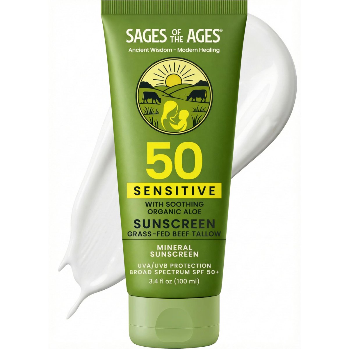 Organic Grass-Fed Tallow Mineral Sunscreen SPF 50 — No White Cast, Non-Nano Zinc Oxide, Reef Safe UVA/UVB, Water Resistant 80 Min, Moisturizing & Soothing with Aloe Vera, Face & Body, 3.4 oz - görsel 1
