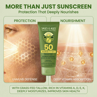 Organic Grass-Fed Tallow Mineral Sunscreen SPF 50 — No White Cast, Non-Nano Zinc Oxide, Reef Safe UVA/UVB, Water Resistant 80 Min, Moisturizing & Soothing with Aloe Vera, Face & Body, 3.4 oz