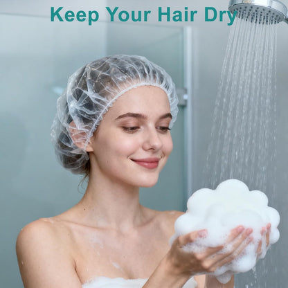 TodHeei Disposable Shower Caps – 100 Pack Extra Thick Waterproof Plastic Hair Caps for Women & Men, Elastic Large Size for Home, Travel, Hotel, Spa & Salon