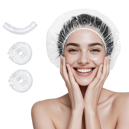 TodHeei Disposable Shower Caps – 100 Pack Extra Thick Waterproof Plastic Hair Caps for Women & Men, Elastic Large Size for Home, Travel, Hotel, Spa & Salon