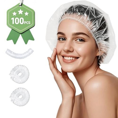 TodHeei Disposable Shower Caps – 100 Pack Extra Thick Waterproof Plastic Hair Caps for Women & Men, Elastic Large Size for Home, Travel, Hotel, Spa & Salon