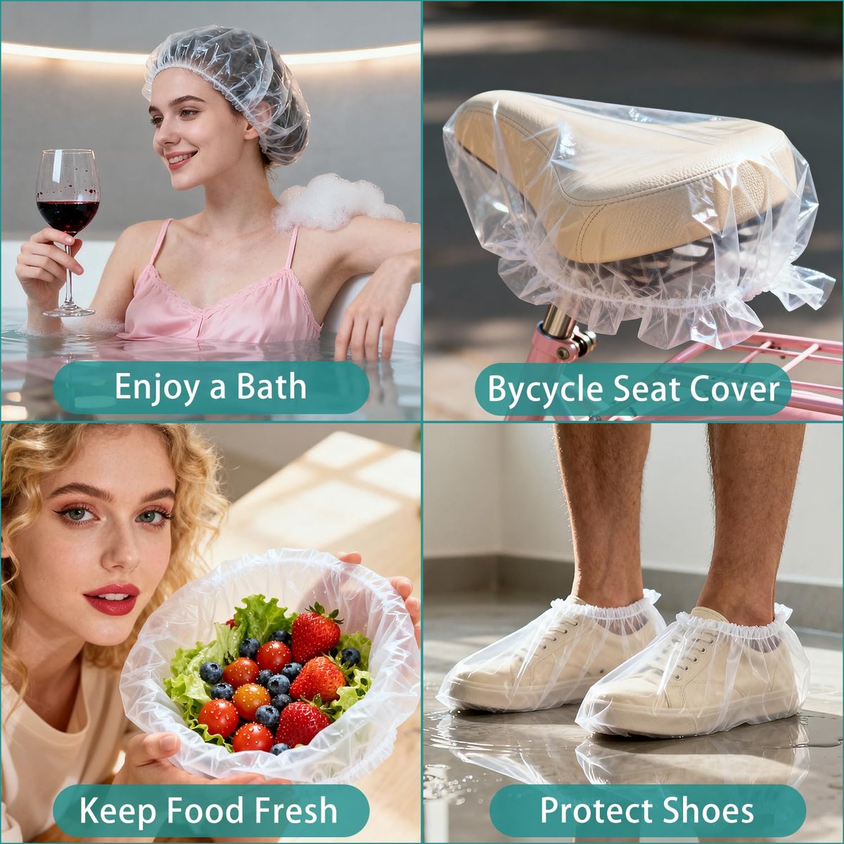 TodHeei Disposable Shower Caps – 100 Pack Extra Thick Waterproof Plastic Hair Caps for Women & Men, Elastic Large Size for Home, Travel, Hotel, Spa & Salon - görsel 11