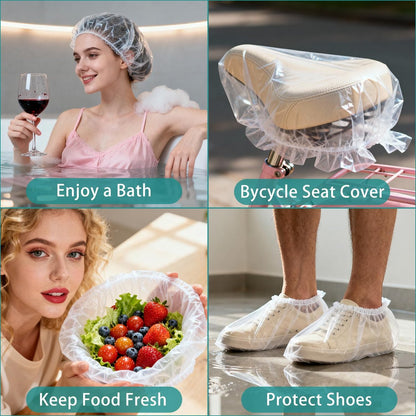 TodHeei Disposable Shower Caps – 100 Pack Extra Thick Waterproof Plastic Hair Caps for Women & Men, Elastic Large Size for Home, Travel, Hotel, Spa & Salon