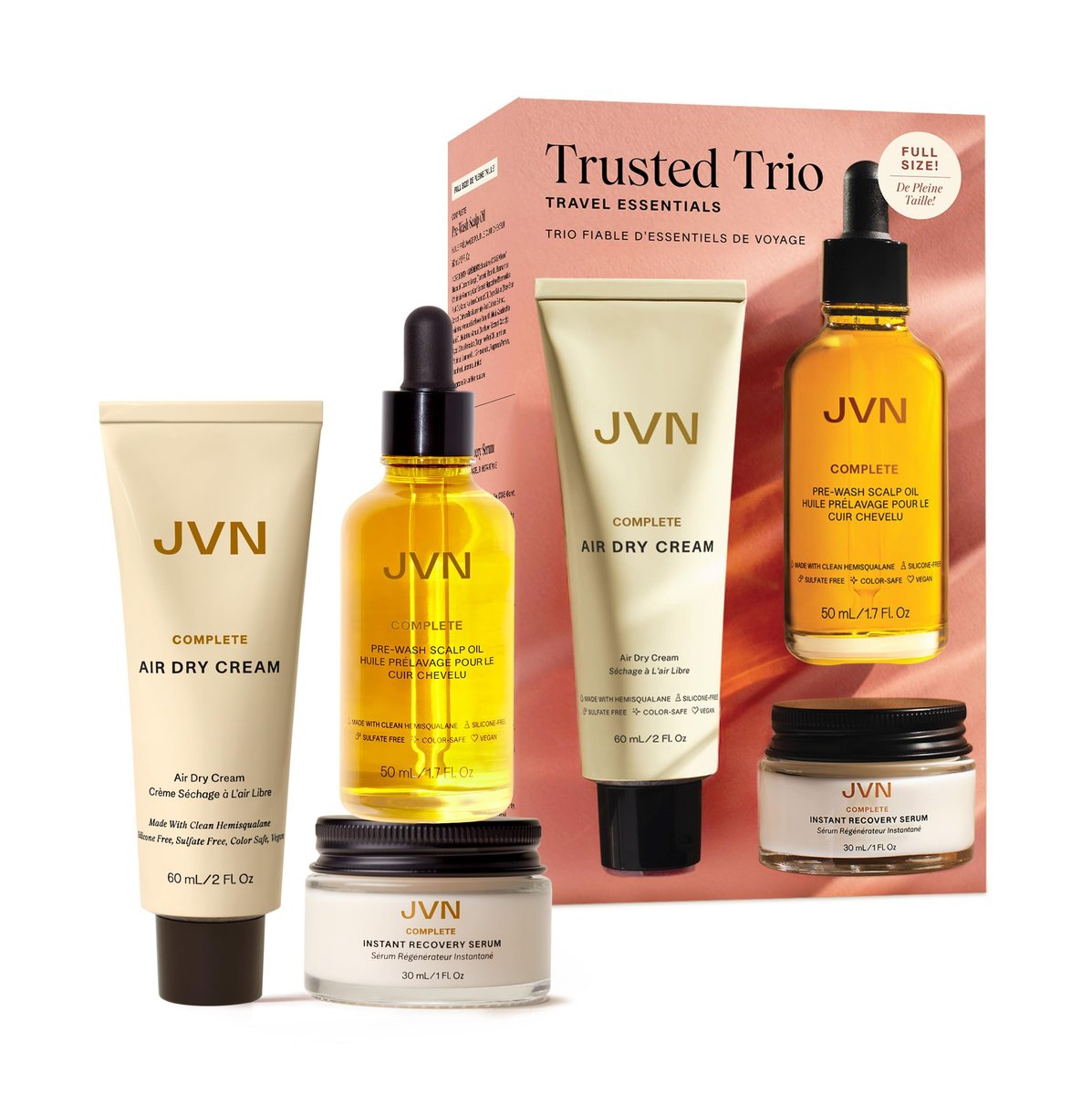 JVN Trusted Trio Travel Essentials Hair Products - Air Dry Cream, Instant Recovery Serum, Pre-Wash Scalp Oil - Silicone Free Hair Care for Women and Men Avelisse