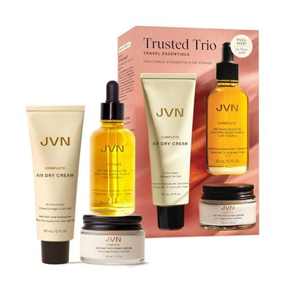 JVN Trusted Trio Travel Essentials Hair Products - Air Dry Cream, Instant Recovery Serum, Pre-Wash Scalp Oil - Silicone Free Hair Care for Women and Men Avelisse