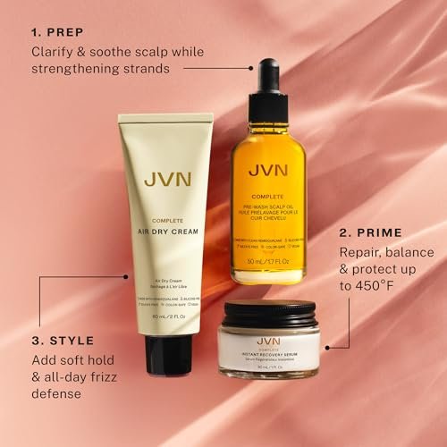 JVN Trusted Trio Travel Essentials Hair Products - Air Dry Cream, Instant Recovery Serum, Pre-Wash Scalp Oil - Silicone Free Hair Care for Women and Men Avelisse