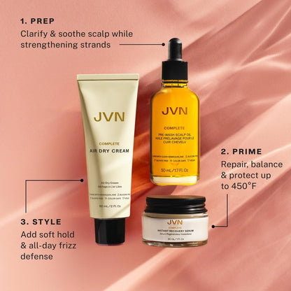 JVN Trusted Trio Travel Essentials Hair Products - Air Dry Cream, Instant Recovery Serum, Pre-Wash Scalp Oil - Silicone Free Hair Care for Women and Men Avelisse