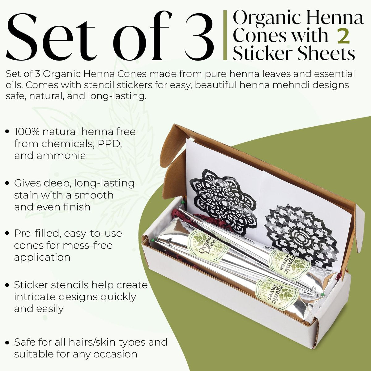 Organic Leaves Henna Cones 3 x 30g Pack – 100% Natural, Chemical-Free, Ready-to-Use Pre-Filled Cones for Rich, Long-Lasting Reddish Brown Color - görsel 3