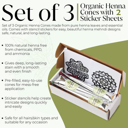 Organic Leaves Henna Cones 3 x 30g Pack – 100% Natural, Chemical-Free, Ready-to-Use Pre-Filled Cones for Rich, Long-Lasting Reddish Brown Color